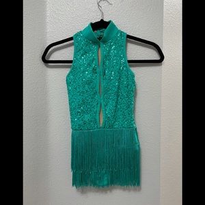 EMERALD KEYHOLE FRONT FRINGE DRESS DANCE COSTUME